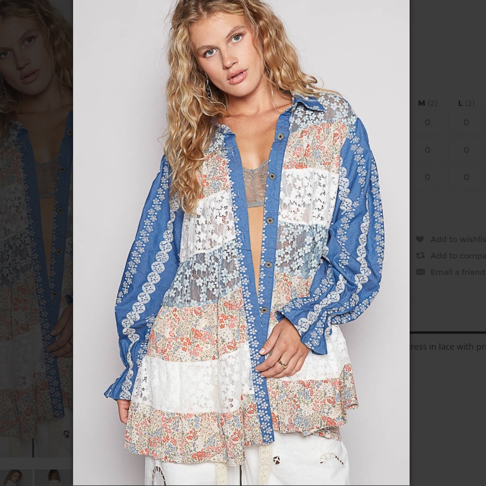 POL Patchwork Lace Floral Blue and White Blouse